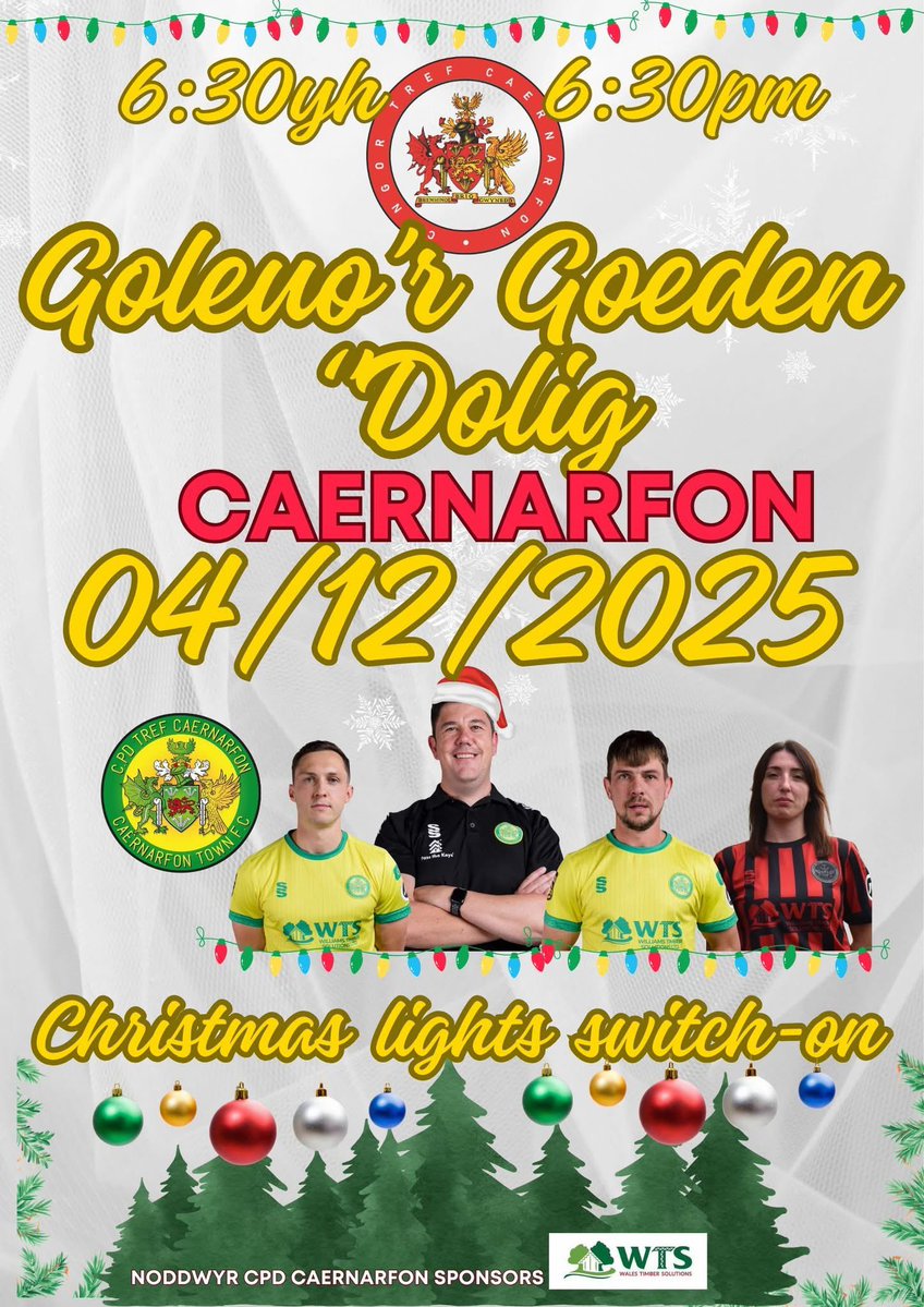 CaernarfonTown's tweet image. 🎄🎁 Cofiwch fydd Fish a rhai o’r chwaraewyr yn troi goleuadau nadolig Caernarfon ymlaen nos fory o 18:30!

🧑‍🎄🌲Join Fish and some of the players in switching on Caernarfon’s Christmas lights tomorrow from 18:30!

🤝@SolutionWales