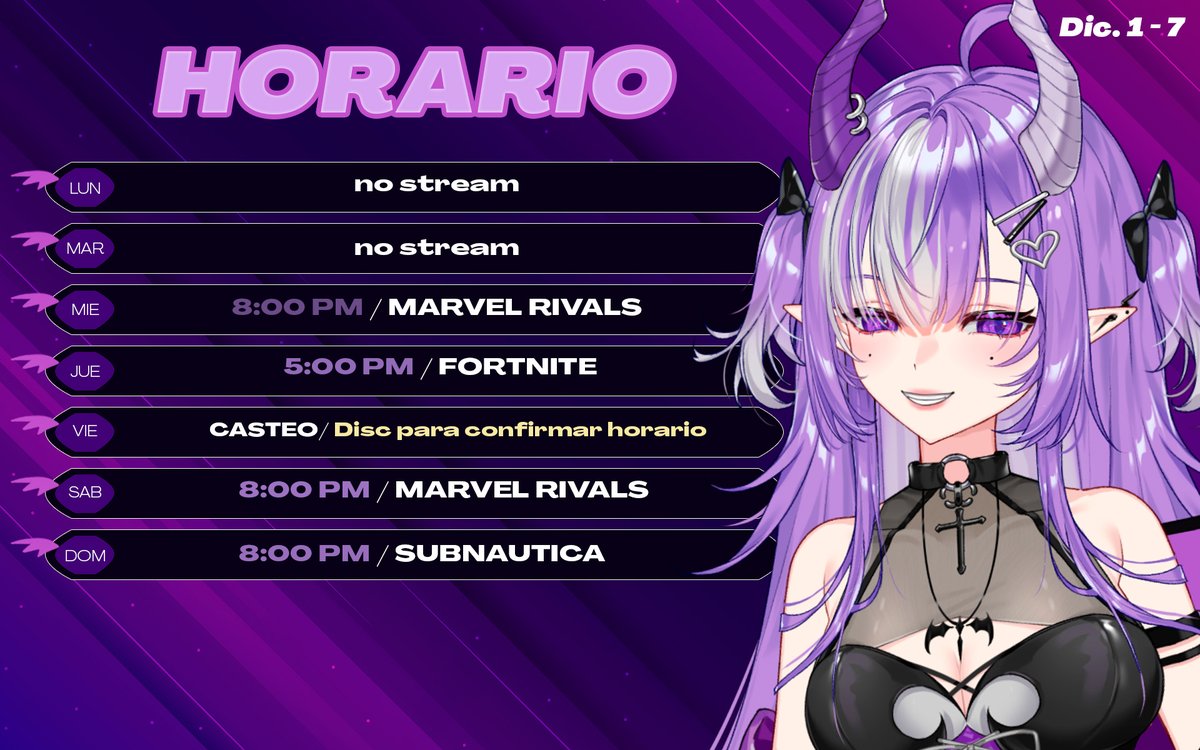 ✨Horario semanal de stream Dic. 1 al 7 ✨