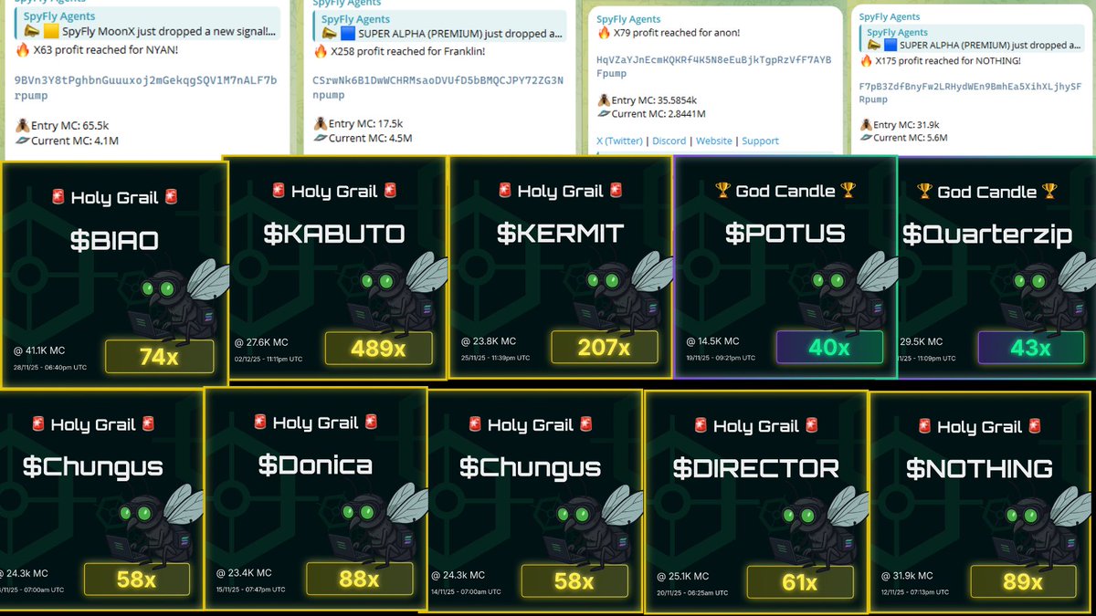 you asked what went down in SpyFly Agents the last 2 weeks so here’s a taste. 🪰📈

$KABUTO 489X
$KERMIT 207X 
$Franklin 258X
$NOTHING 175X
$anon 79X

and many many more!