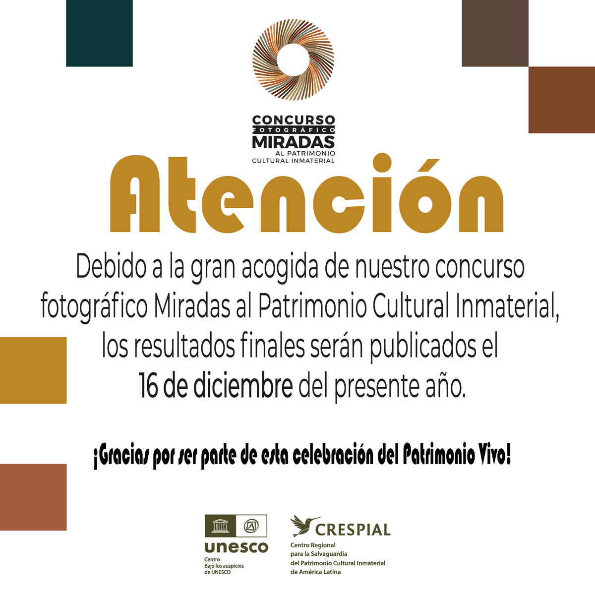 Queremos agradecer a todas y todos los participantes por el enorme interés mostrado en esta edición del concurso fotográfico Miradas al Patrimonio Cultural Inmaterial.
Hemos recibido una cantidad extraordinaria de postulaciones de gran calidad, por lo que el proceso de evaluación