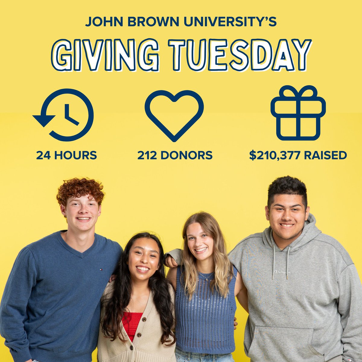JohnBrownUniv's tweet photo. On Giving Tuesday, the JBU community came together with one shared purpose: to impact students. Thanks to 212 generous gifts, we raised an incredible $210,377—every dollar going directly to student scholarship, fueling opportunities that will shape lives for years to come. https://t.co/5RXLX9yntA