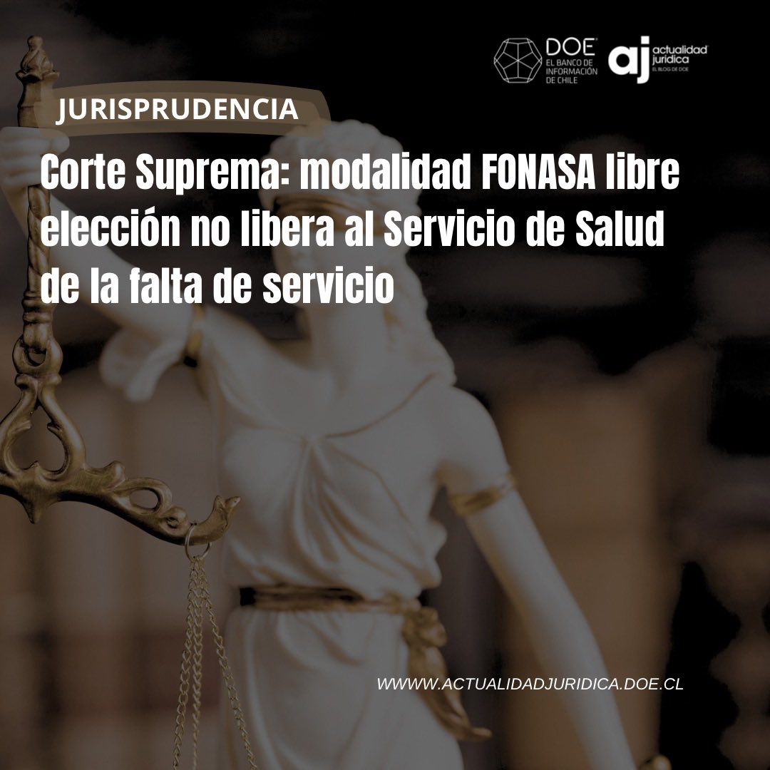 ⚖️JURISPRUDENCIA| El máximo tribunal, en el Rol N° 8.703-2024, confirmó que los hospitales públicos responden por falta de servicio aun cuando la atención proviene de un médico en modalidad libre elección FONASA.

Lee acá➡️actualidadjuridica.doe.cl/corte-suprema-…

#DOE #Fonasa