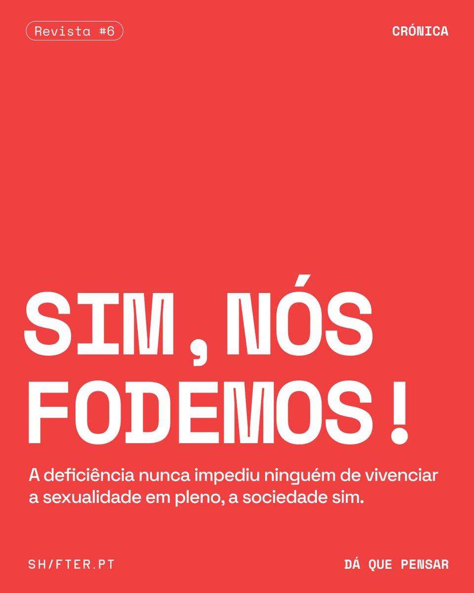 Neste artigo publicado na Revista 6 do Shifter, dedicada à Deficiência &amp; Neurodiversidade, a psicóloga e ativista Catarina Vitorino alerta para as dificuldades impostas às pessoas com deficiência na exploração da sua sexualidade. 

🔗 shifter.pt/loja/produto/r…