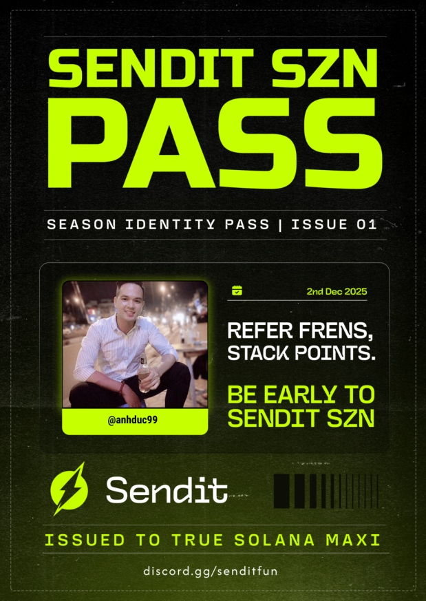 anhduc269's tweet photo. I have claimed my SendIt SZN Pass on @senditfun

Role unlocked: EARLY SENDOOOR

Access granted to SZN Points, referral tracking, and bonus tasks.
→ https://t.co/CAAzz3xQmO https://t.co/2FoCEmN2jK