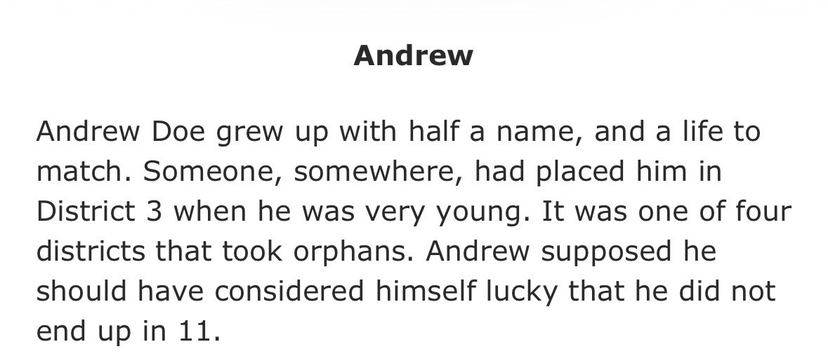 happy #wipwednesday ! chapter 4 of my hunger games au has been posted, and it’s Andrew’s Games for all interested :)