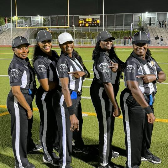 NASOofficiating's tweet photo. History was made last month when the first all-female crew worked a California postseason football game Nov. 7. Pictured are: Referee Kim Bly, Umpire LaQuica Hawkins, Head Line Judge Zina Jones, Line Judge Amirah Leonard, and Back judge Connie Wells. https://t.co/aKTWQREgbw