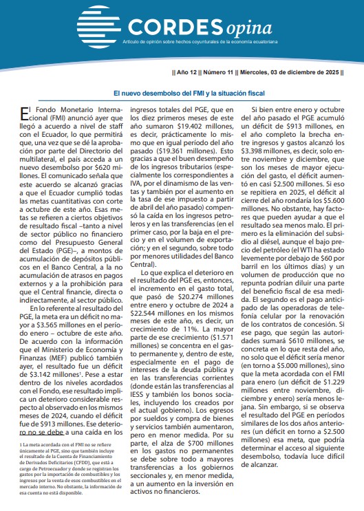 Ecuador cumplió las metas de octubre acordadas con el FMI y recibirá un desembolso de $620 millones. No obstante, el déficit de 2025 rondaría los $5.000 millones y cumplir las metas de enero luce difícil. Compartimos nuestro análisis y un resumen en video: youtube.com/watch?v=c-uqDu…