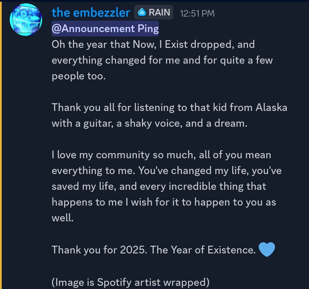 My Spotify Artist Wrapped, and some words from my Discord server.

Thank you all for 2025. The Year of Existence. 💙