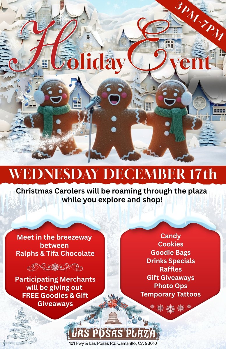 PosasLas's tweet image. Join us at Las Posas Plaza to embrace the Holiday Spirit!
Enjoy the festive atmosphere with Christmas Carolers serenading you as you stroll through our Plaza. Participating merchants will be giving away FREE goodies and exciting gift giveaways! Wednesday, Dec. 17th, 3pm -7pm