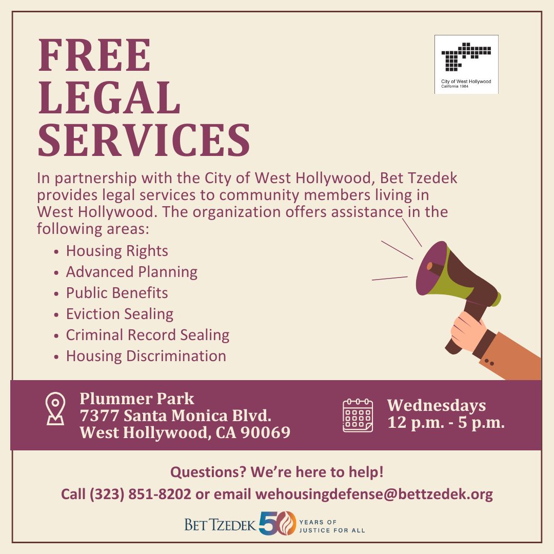 WehoCares's tweet photo. Need legal help, #WeHo? ✨ @BetTzedek is offering free legal services every Wednesday, 12–5 PM at Plummer Park.

They can help with housing rights, public benefits, eviction sealing, record sealing &amp; more.

Info: (323) 851-8202 | wehousingdefense@bettzedek.org https://t.co/q6CI2WDI2f