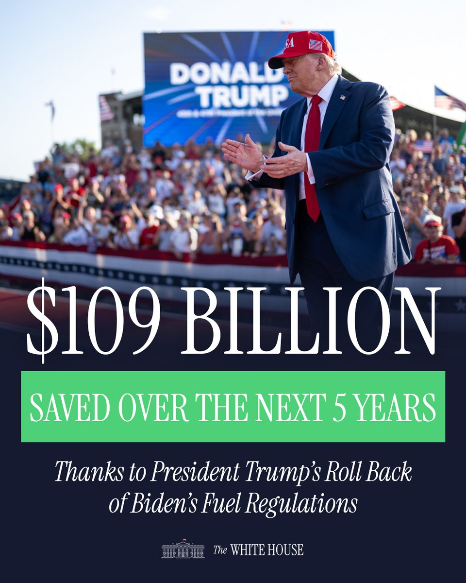WhiteHouse's tweet image. President Trump just TERMINATED Joe Biden&apos;s ridiculously burdensome CAFE standards 🔥

Thanks to @POTUS, Americans will save nearly $109 BILLION over the next five years. 💸🚗