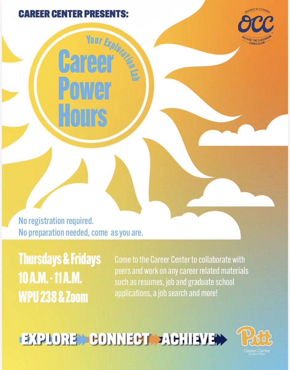 PittPre's tweet image. Looking for assistance with career related materials? 

The @PittCareers hosts Career Power Hours on Thursdays and Fridays from 10-11a in person and virtually!

No registration or prep required!

@upittcomm @PittHealthSci @PittProvost @PittStudents