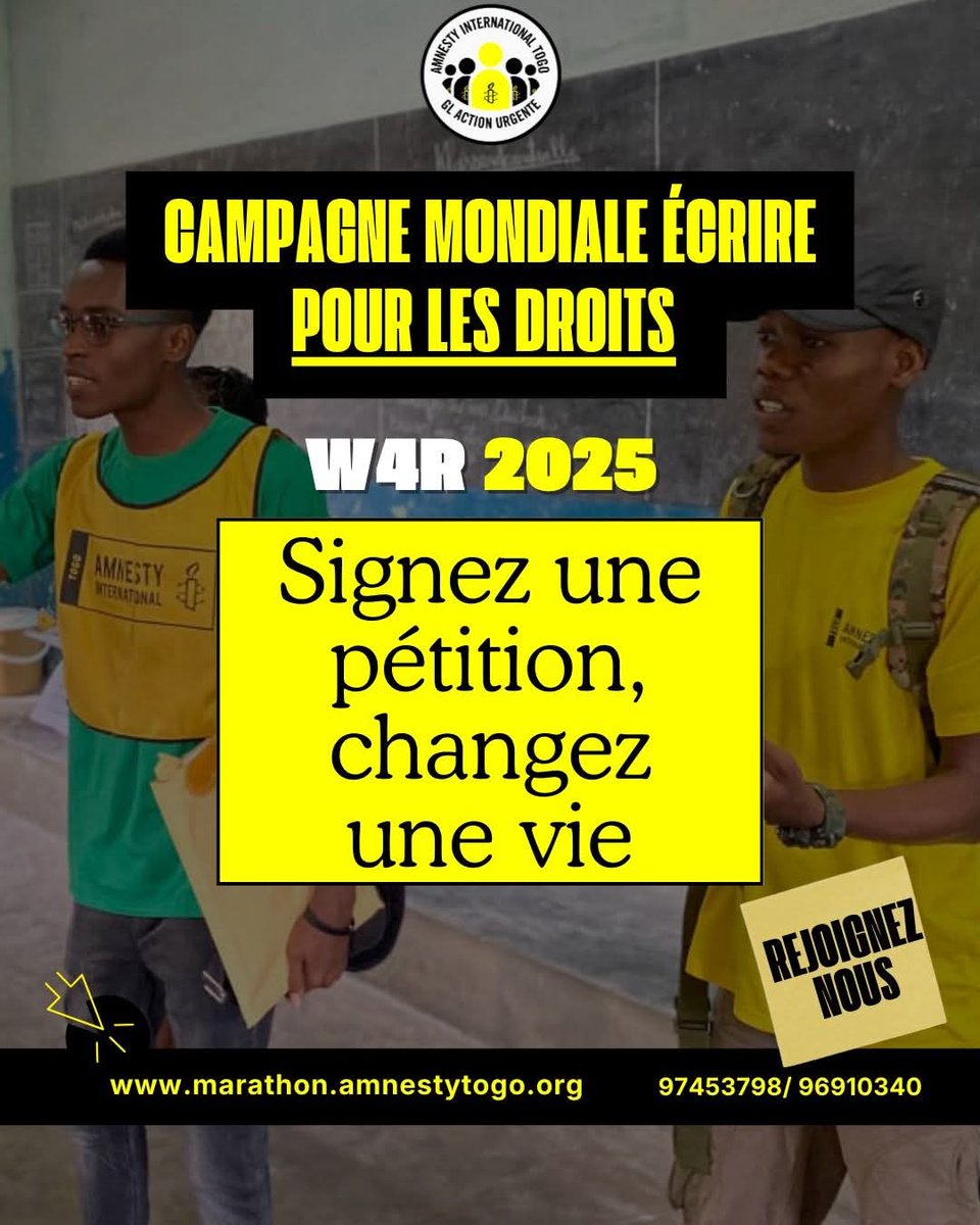 « Écrire pour les Droits » est lancée !
Signez. Écrivez. Changez une vie.
Chaque voix compte pour défendre les droits humains et dénoncer les injustices.
 Agissez maintenant : marathon.amnestytogo.org
#W4R25 #ÉcrirePourLesDroits 
<a href="/AmnestyTogo/">Amnesty International Togo</a> <a href="/amnes/">su-young son</a>