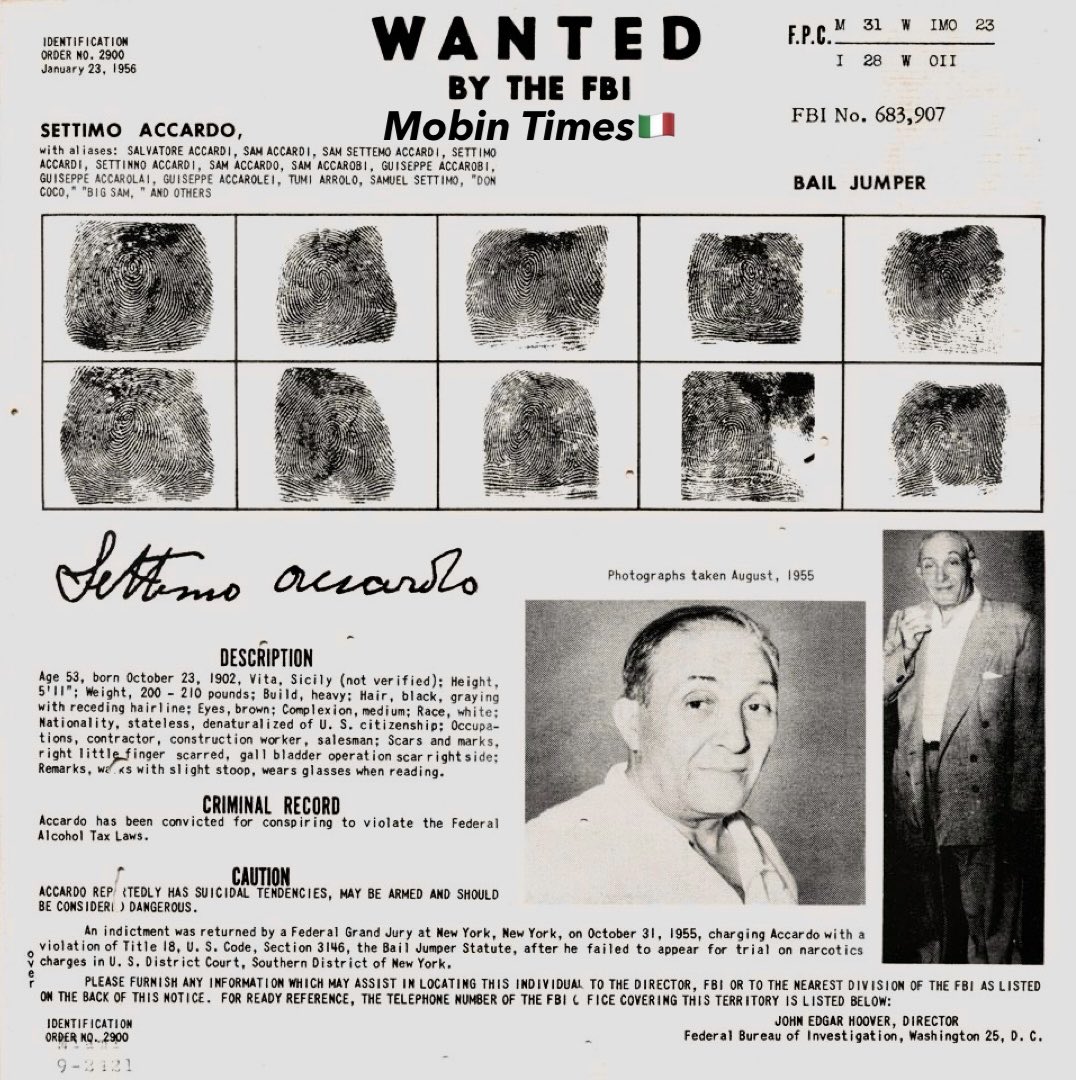 48 yrs ago, Lucchese NJ capo Settimo “Big Sam” Accardi died at 75. A major 1950s heroin trafficker, that jumped a $92k bail in ’55 &amp; fled to Italy as an alleged “fruit merchant.” He was later extradited, got 15 yrs &amp; a $16k fine. #MobinTimes #SettimoAccardi #Mob #Mafia #Omerta