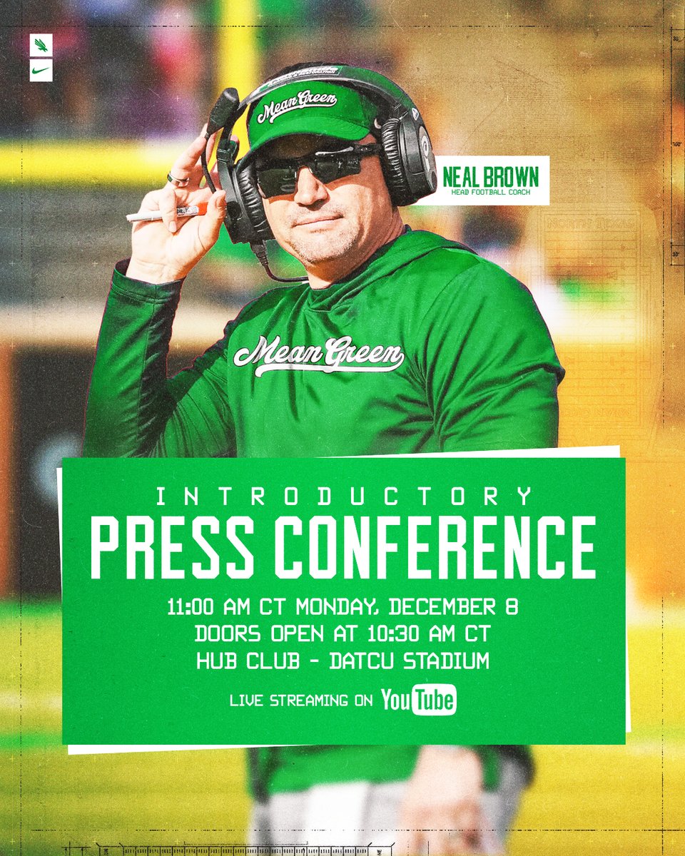 MeanGreenFB's tweet image. Introducing @Coach_NealBrown as the 21st Head Coach Monday at 11 AM

Coach Brown’s introductory press conference will be open to the public in the HUB Club at DATCU Stadium!

MORE: northtex.as/4pKZDIX

#GMG🦅