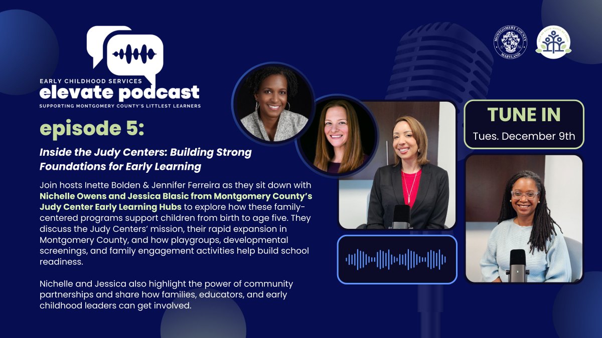 🎙️ New Episode Drops This Tuesday!

✨ If you’re a parent, educator, child care provider, or community partner, this is an episode you won’t want to miss!

🎧 Tune in:
montgomerycountymd.gov/HHS-Program/CY…

#ELEVATEPodcast #JudyCenters  #MontgomeryCountyMD #FamilyEngagement #EarlyLearningHubs