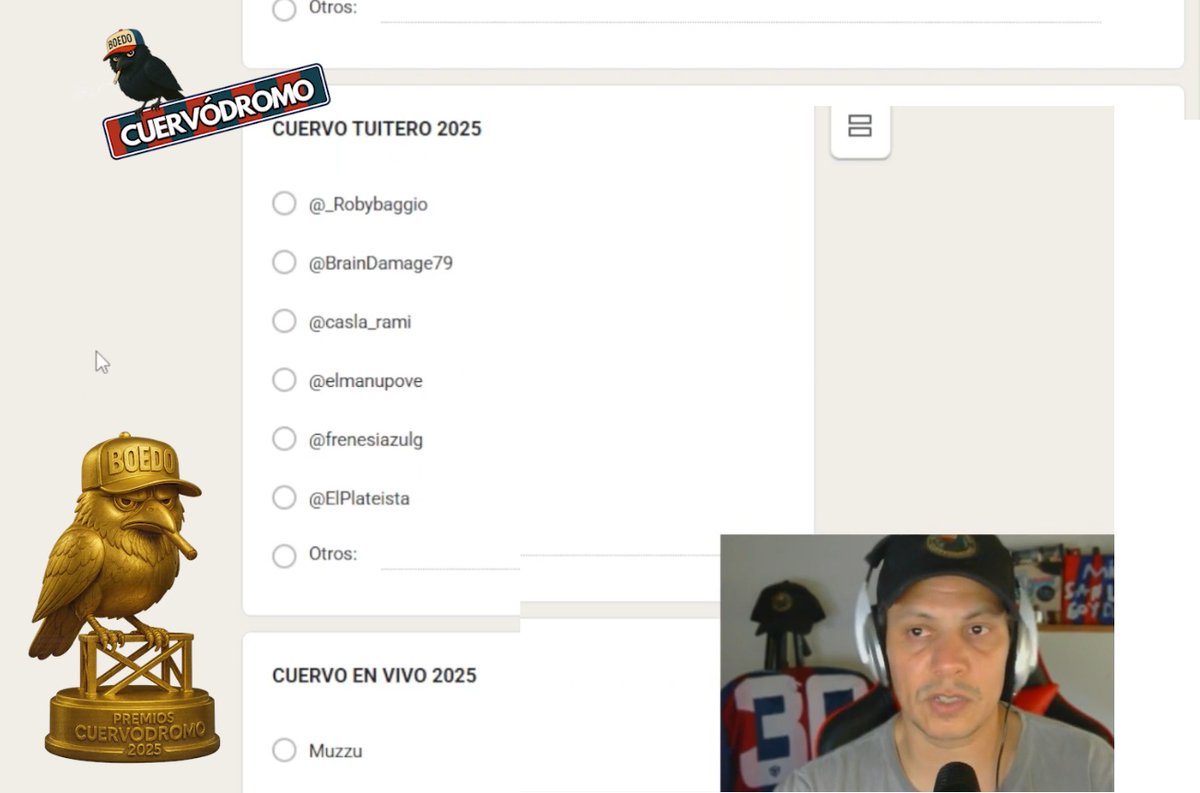 Peor que APTRA
Se vienen los premios Cuervódromo, el jurado lo integran Miembros del canal + staff (negro + editor)
Primer quilombo: CUERVO TUITERO del año
Los más votados hasta ahora, ¿Quién falta?
<a href="/_Robybaggio/">Ramiro</a> <a href="/BrainDamage79/">CoYo 🎺</a> <a href="/casla_rami/">Ramiro</a> <a href="/frenesiazulg/">Frenesí Azulgrana</a> <a href="/elmanupove/">Pove</a> <a href="/ElPlateista/">ElPlateista.com.ar</a>
