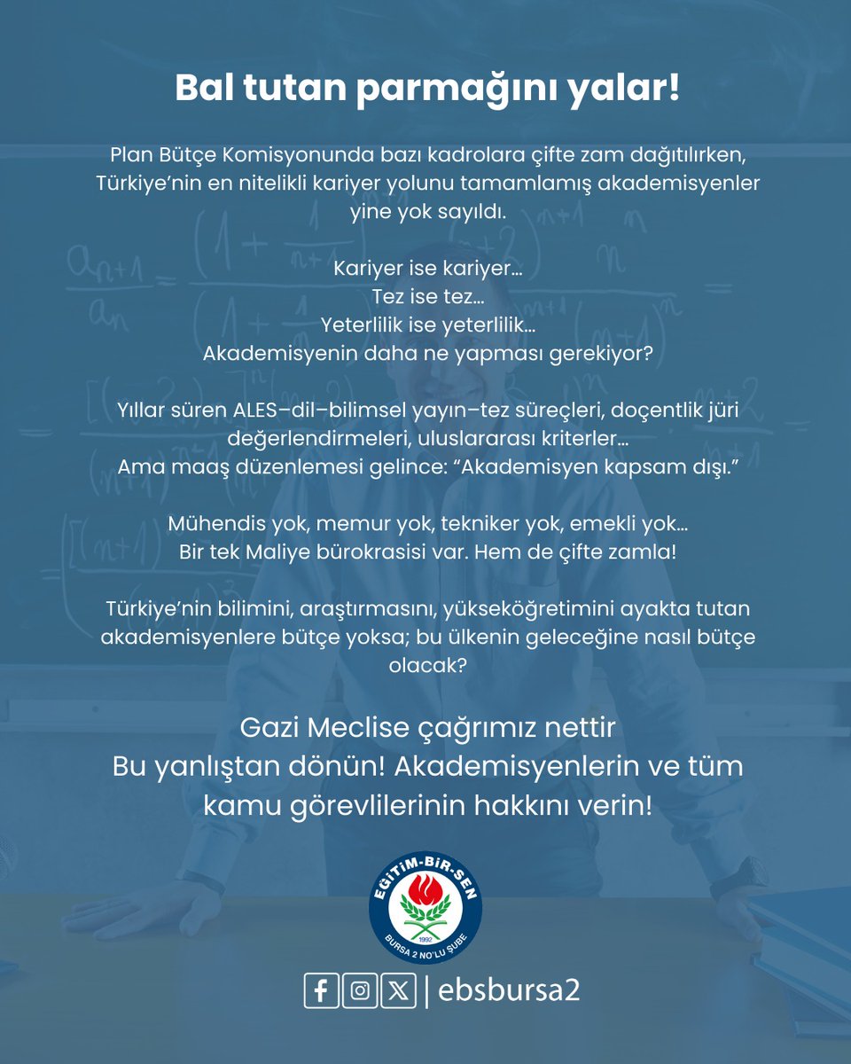 ebsbursa2's tweet photo. Bal tutan parmağını yalar!

Plan Bütçe Komisyonunda bazı kadrolara çifte zam dağıtılırken, Türkiye’nin en nitelikli kariyer yolunu tamamlamış akademisyenler yine yok sayıldı.

@HMBakanligi
@memetsimsek
@YuksekogretimK

#akademikzam
#akademikzamelzem https://t.co/L1E2gdsGQj