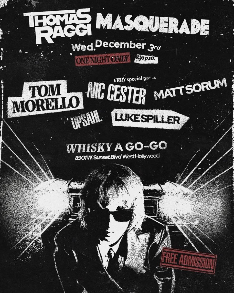 portalmaneskin's tweet image. Ainda hoje (03), Thomas Raggi apresentará gratuitamente o #MASQUERADE ao vivo em Los Angeles pela primeira vez antes da estreia – acompanhado por alguns dos convidados especiais do disco: Tom Morello, Nic Cester, Matt Sorum, Upsahl e Luke Spiller. 🔥