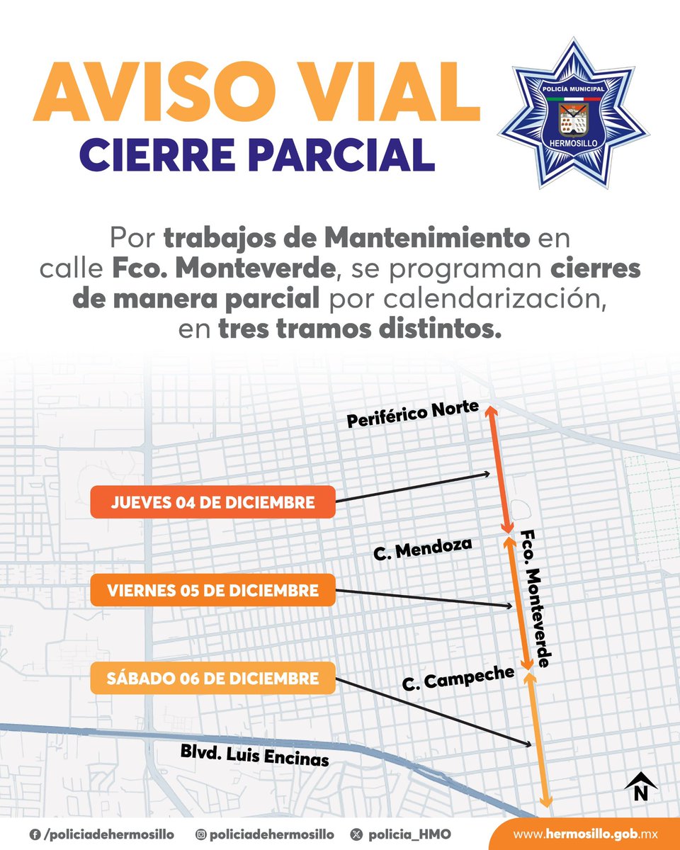 🚧AVISO VIAL🚧

Por trabajos de Mantenimiento Preventivo, a partir de mañana se programan cierres parciales en calle Monteverde, desde Perif. Norte hasta Blvd. Luis Encinas. Disculpe las molestias.