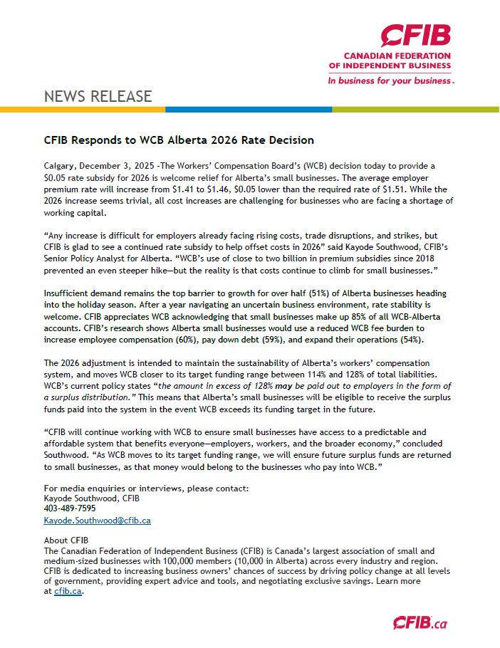 CFIB Responds to WCB Alberta's 2026 Rate Decision:
#abpoli