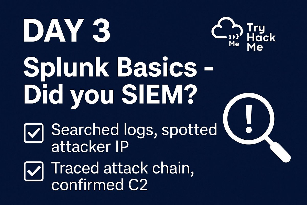 Wizdoski's tweet image. AoC 2025 Day 3 ✔️

Worked with Splunk to hunt recon, SQLi, path traversal &amp;amp; C2 traffic in logs.
Great hands-on analysis!

#TryHackMe #AdventOfCyber2025  #Cybesecurity #splunk