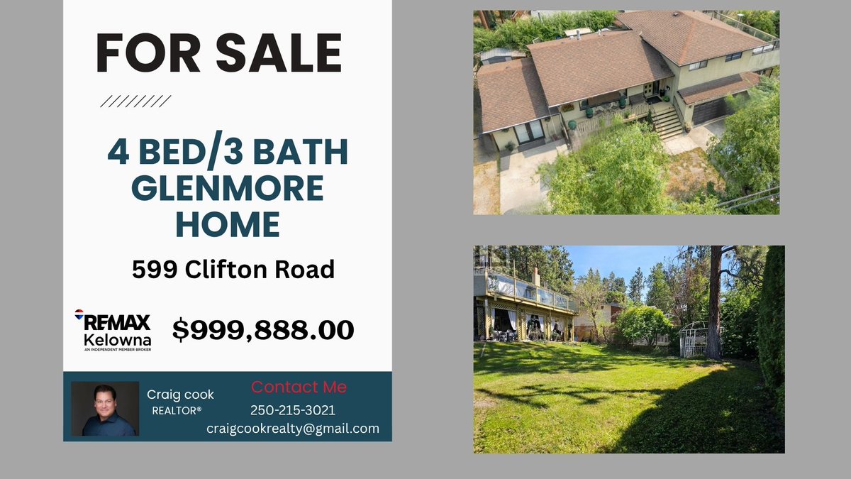 realtycraigcook's tweet photo. 🏠 The move-in ready split-level home features:
✔️ 4 Bedrooms | 3 Bathrooms
✔️ Double garage + single garage + circular RV driveway
📞 Contact Craig Cook | 250-215-3021
📧 craigcookrealty@gmail.com
#KelownaRealEstate #MF1Zoning #InfillDevelopment https://t.co/NEkIDpUR5c