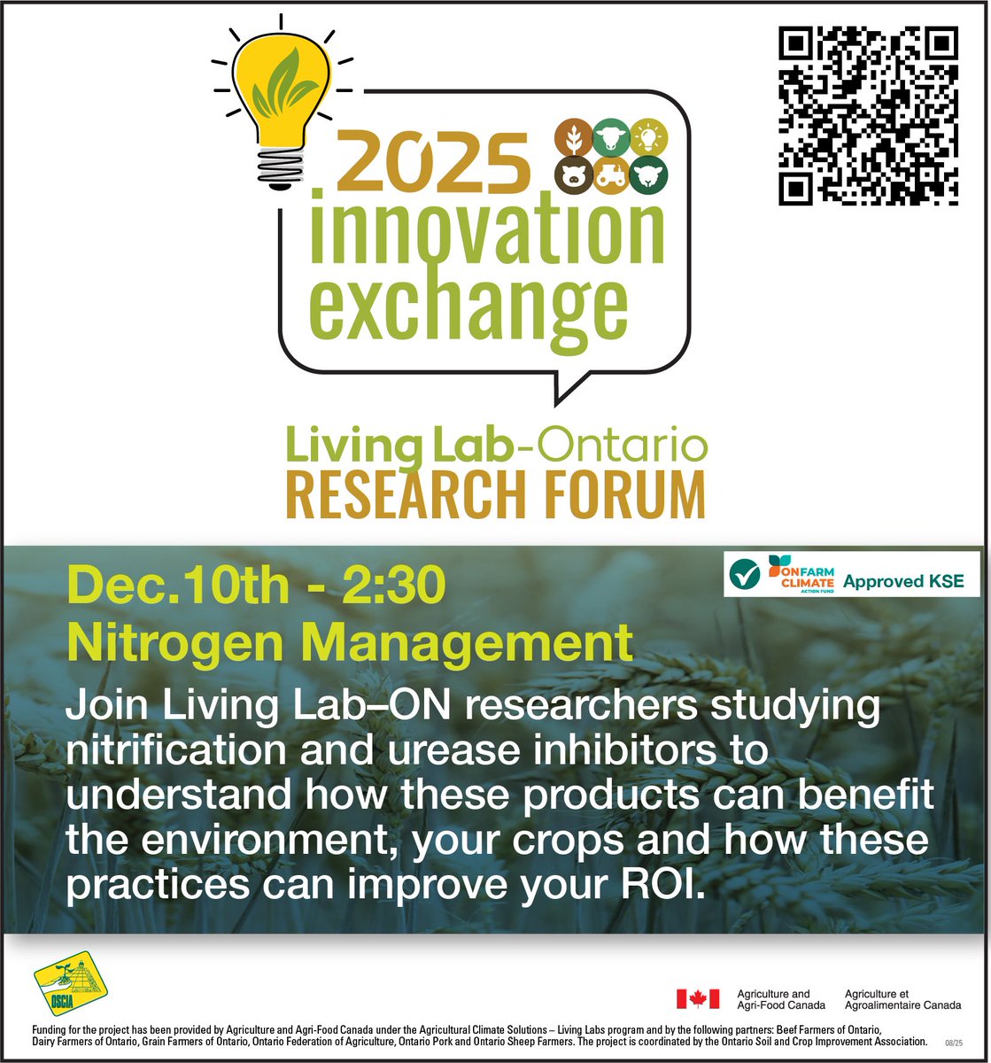 One week away! Join us Dec. 10 at 2:30pm as Living Lab–Ontario researchers dig into strategies to optimize nitrogen for both environmental + economic return.

Featuring:
• Dr. Craig Drury (<a href="/AAFC_Canada/">AAFC Canada</a>) on nitrification &amp; urease inhibitors
• Aaron Delaporte (<a href="/uofg/">University of Guelph</a>) on boosting