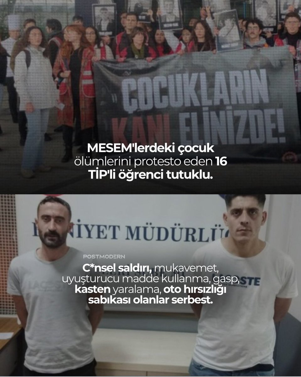 UTANÇ TABLOSU • MESEM'lerdeki çocukların sömürülmesini, katledilmesini ve Yusuf Tekin’i protesto eden 16 TİP'li öğrenci tutuklandı.

Öğrenciler, gazeteciler tutuklanırken…

C*nsel saldırıdan tutuklanan ve kısa sürede tahliye edilen şahısların sabıkası: C*nsel saldırı,