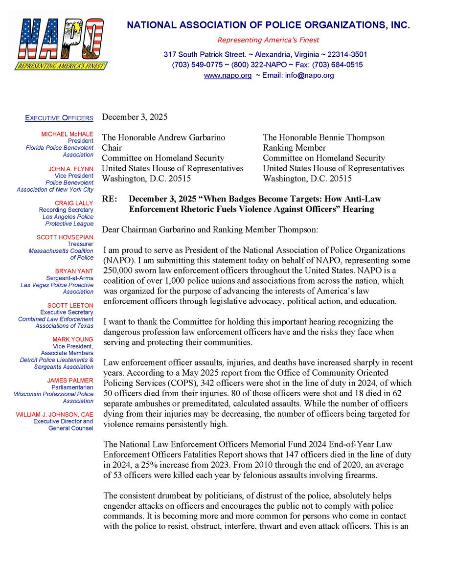 NAPOpolice's tweet photo. NAPO Written Statement for House Hearing on Violence Against Officers

NAPO Written Statement for House Hearing on Violence Against Officers | National Association of Police Organizations (NAPO) https://t.co/v0w6O4SrT4