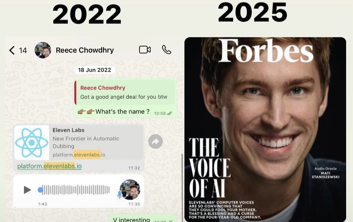 yasinbuilds's tweet image. Wild elevenlabs first link had the react thumbnail. 

Thats how they were introduced to angels. 

Now on forbes.