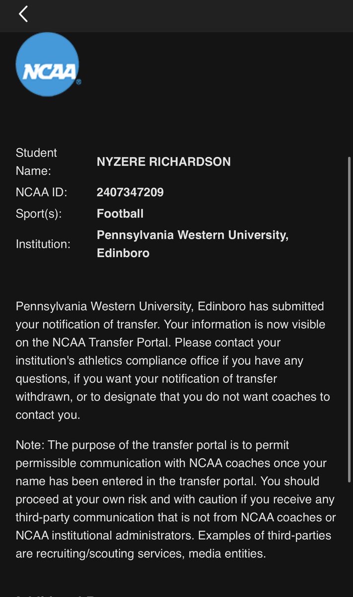 I want to thank Coach Scott and the Edinboro Coaching staff for giving me an opportunity but after carefully talking it over with my family I'm officially entering into the transfer portal with 4 years of eligibility left.!
