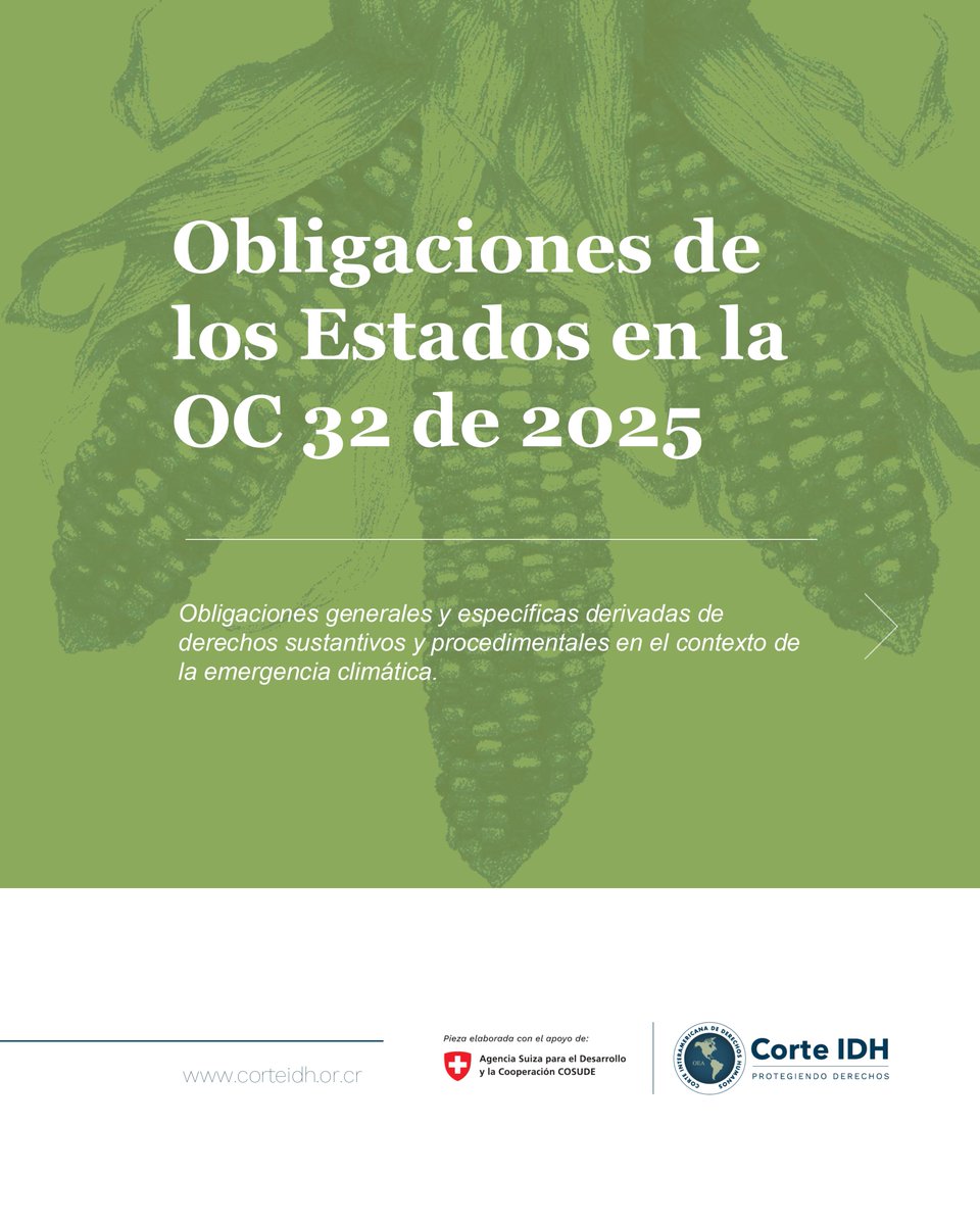CorteIDH's tweet photo. 🌎 Obligaciones de los Estados en la OC-32/25

La Opinión Consultiva 32 de 2025 sobre Emergencia Climática y Derechos Humanos establece las obligaciones generales y específicas que los Estados deben cumplir frente a la crisis climática.

El Tribunal desarrolló deberes de respeto, garantía, cooperación y desarrollo progresivo, además de obligaciones derivadas de derechos sustantivos, procedimentales y de protección reforzada para grupos en situación de vulnerabilidad.

🔗 Infórmate sobre todas las obligaciones estatales reconocidas en la OC-32/25 en nuestro micrositio: https://t.co/zitrzJFHzA

Esta pieza fue elaborada con el apoyo de la Agencia Suiza para el Desarrollo y la Cooperación (COSUDE).

#CorteIDH
#DerechosHumanos
#EmergenciaClimática