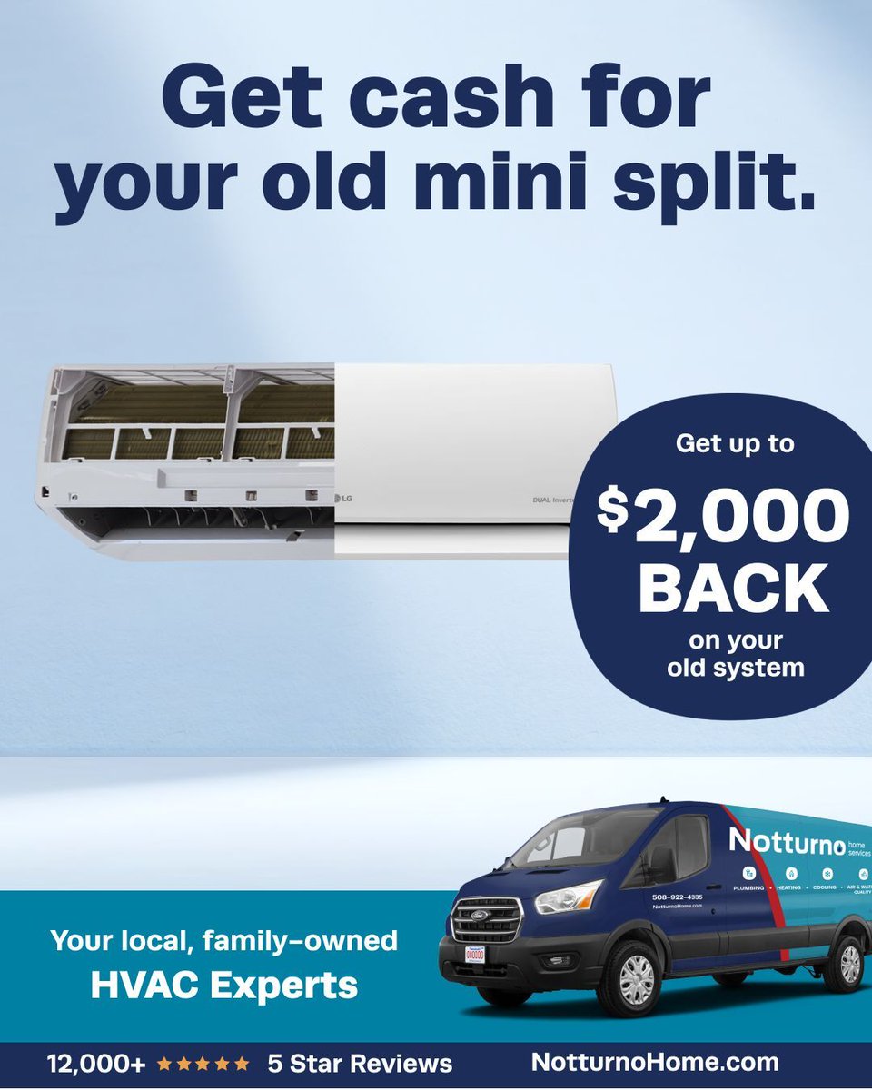 NotturnoHome's tweet photo. Aging mini split? Trade it in and save. Mini splits last 10–15 years, but performance drops long before the end, leading to higher energy bills, uneven temperatures, and noisy operation. For 5-star installation services, call Notturno at 508-306-8625 . https://t.co/zr8d0GDtYs
