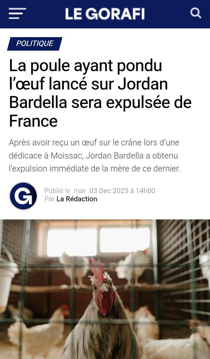 gh_thry_57yo's tweet image. #SanctionExemplaire : La poule sera expulsée, @GDarmanin vient de l&apos;annoncer... 😱

@J_Bardella a immédiatement remercié, via un #Tweet, le #MinistreDeLaJustice 🙂

#LeGorafi #VoteRN #FuckRacism #StopRacisme #FuckRN #StopRN #Fiche_S #FicheS #ContreLeRN

© @Le_gorafi