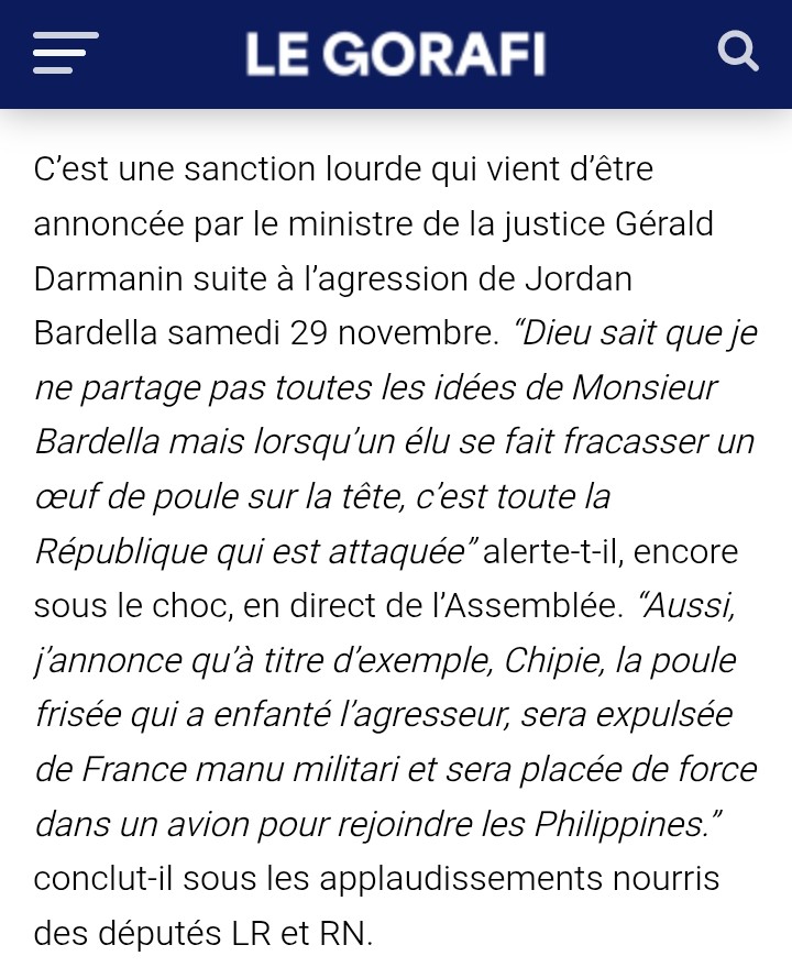 gh_thry_57yo's tweet image. #SanctionExemplaire : La poule sera expulsée, @GDarmanin vient de l&apos;annoncer... 😱

@J_Bardella a immédiatement remercié, via un #Tweet, le #MinistreDeLaJustice 🙂

#LeGorafi #VoteRN #FuckRacism #StopRacisme #FuckRN #StopRN #Fiche_S #FicheS #ContreLeRN

© @Le_gorafi