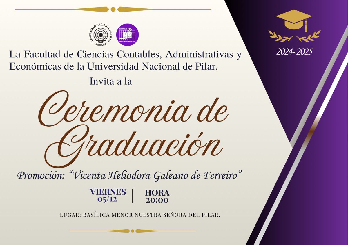 🎓✨ Acto de Graduación Promoción 2024-2025 ✨🎓
Invitamos a toda la comunidad educativa, familiares y público en general a acompañarnos en el solemne acto de graduación de nuestros egresados.
📅 Fecha: 05/12/2025
🕒 Hora: 20:00
📍 Lugar: Basílica Menor Nuestra Señora del Pilar