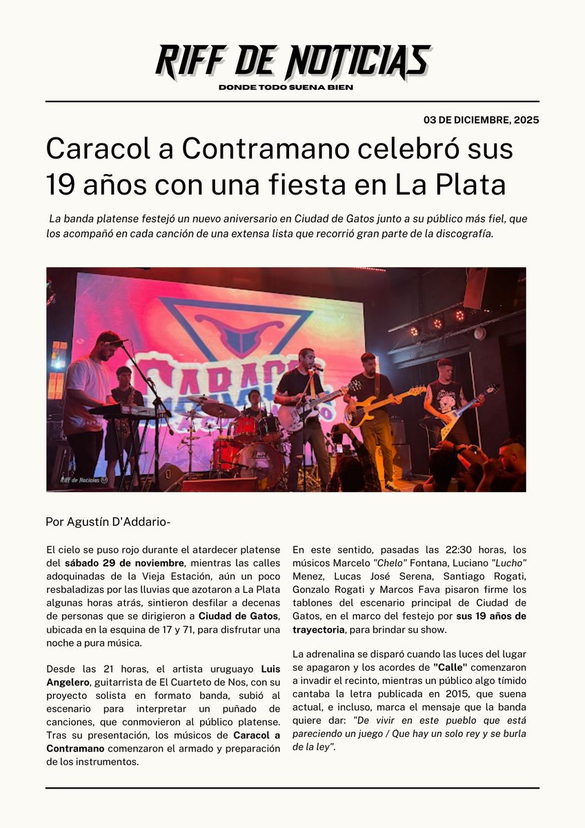 Caracol a Contramano celebró sus 19 años con una fiesta en La Plata 🎉

La nota completa la encontras en riffdenoticias.blogspot.com/2025/12/caraco…