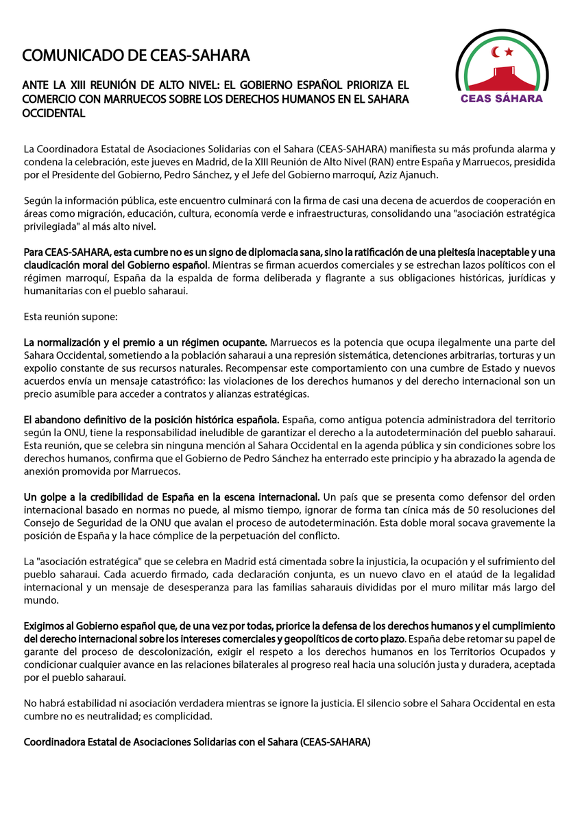 COMUNICADO DE <a href="/CEASsahara/">CEAS SAHARA</a>  
ANTE LA XIII REUNIÓN DE ALTO NIVEL: EL GOBIERNO ESPAÑOL PRIORIZA EL COMERCIO CON MARRUECOS SOBRE LOS DERECHOS HUMANOS EN EL SAHARA OCCIDENTAL.