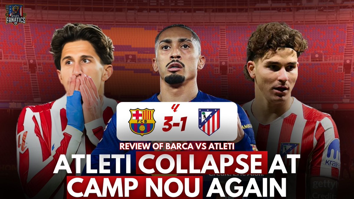 atleti_fanatics's tweet photo. We took the lead. We had control. And yet… we threw it away.
Barça 3–1 Atleti — a night full of frustration, missed chances &amp; lost intensity. 😤
Full review now on YouTube — let’s talk what REALLY went wrong 👇

Watch - [https://t.co/ROFULgPCyx] 

#Atleti #LaLiga #AtletiFans https://t.co/hLSOiBYSWG