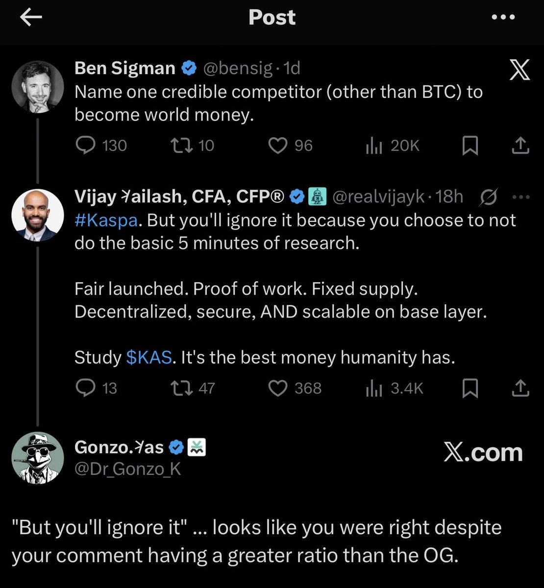 Appears <a href="/bensig/">Ben Sigman</a> did in fact ignore my comment about $KAS.

#Kaspa is the best money. Prove me wrong.