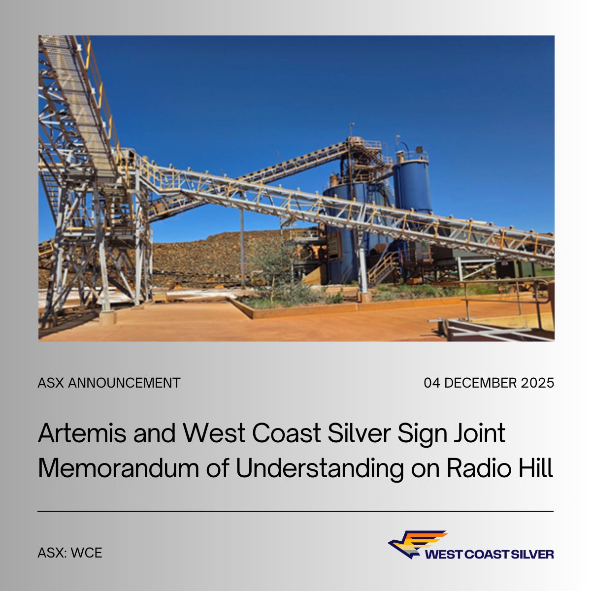 $WCE – West Coast Silver signs MoU with Artemis to assess Radio Hill Plant for Elizabeth Hill ore.
- Non-binding, no current financial obligations
- Focused technical evaluation now underway
go.relait.co/yc4py53a #Silver #Mining #ASX #StrategicPartnerships #Exploration