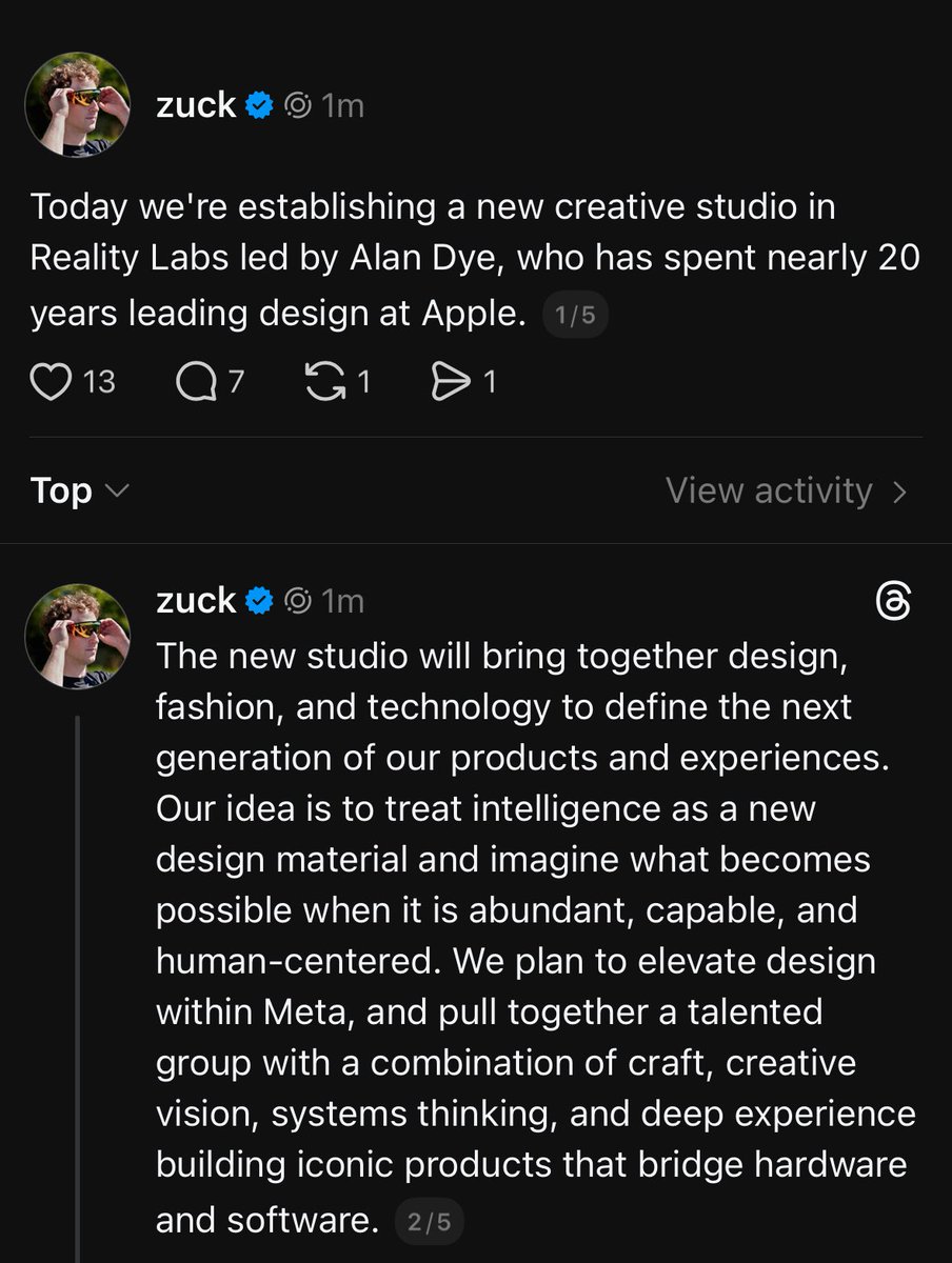 🔵MARKETEVANS: Mark Zuckerberg annuncia un nuovo studio creativo in Reality Labs, guidato da Alan Dye di Apple.