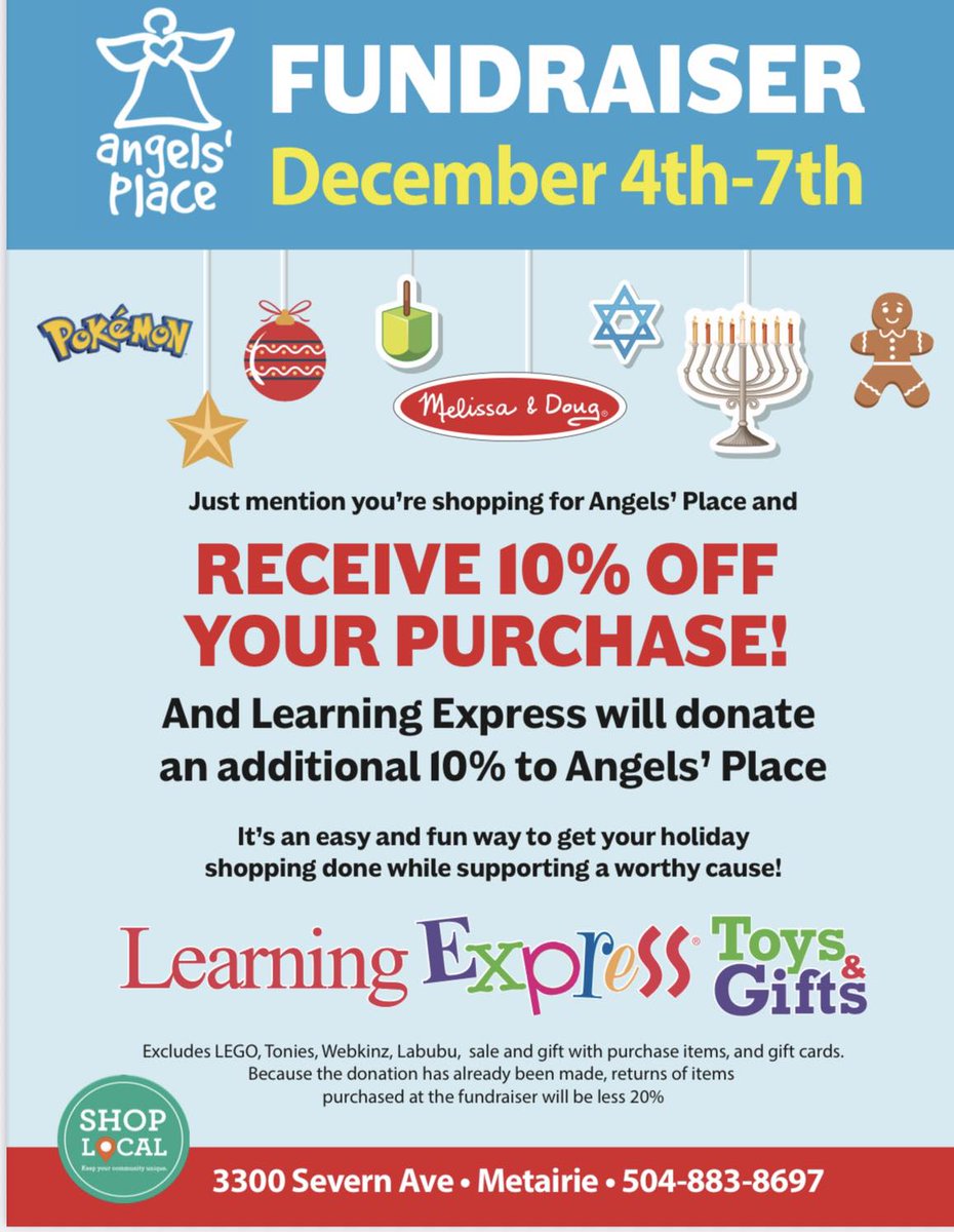 AngelsPlaceInc's tweet photo. 🎄✨ Shop Local, Spread Joy! ✨🎄 This Christmas, support local and make a difference! Shop at Learning Express and help Angels’ Place support families in need. Unique gifts, endless fun, and a cause worth supporting. 🎁🛍️ #ShopLocal #AngelsPlace #LearningExpress #Fundraiser https://t.co/vd0nVB2Asm
