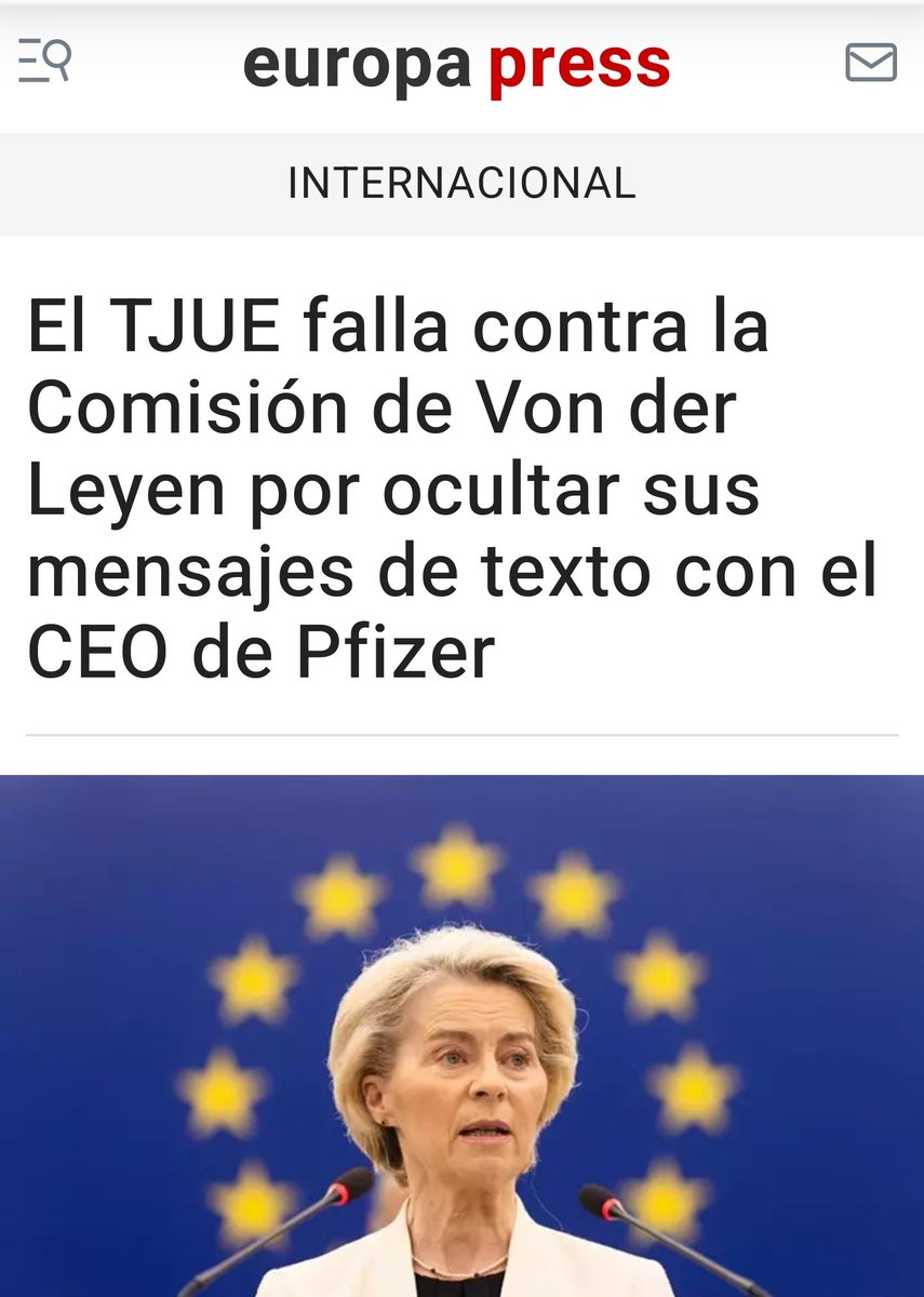 ¡Von der Leyen debe ser arrestada! 
La sentencia que la condena por OCULTAR los SMS entre la presidente de la Comisión UE y el presidente de Pfizer en sus apaños para la compra de 1.800 millones de dosis la pone en una situación insostenible de CORRUPCIÓN.

🔥🔥🔥🔥☄️