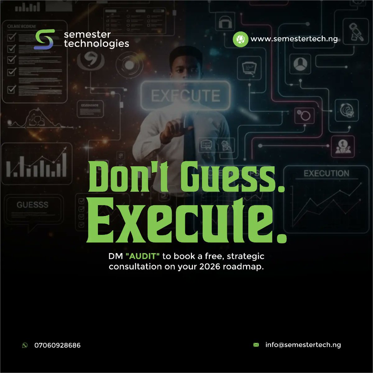 semestertech's tweet image. Don&apos;t let technical debt and outdated systems crush your goals! If you need clarity on your 2026 technology roadmap, DM us the word &quot;AUDIT&quot; today to schedule a free strategic consultation. 

#BusinessAudit #TechStrategy #ClientSolutions #Scalability #2026Goals #DMforConsult