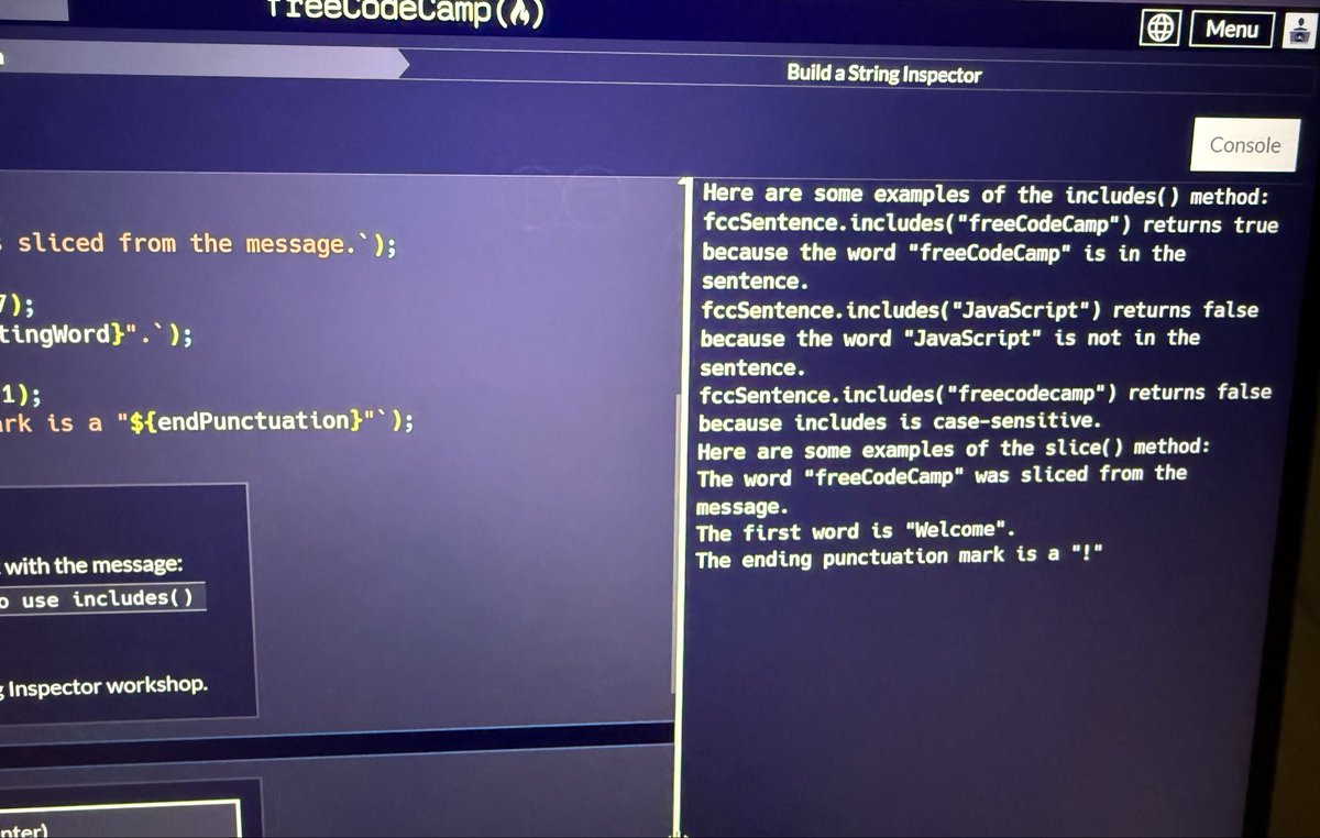 Ami_Dev's tweet image. Day 88: #100DaysOfCode 
I completed the ‘Build a String Inspector’ workshop. 

Also completed theory on Working with String Formatting Methods. 

I learnt about changing the casing for a string and trimming white space from a string. 
 #freeCodeCamp #WebDevelopment