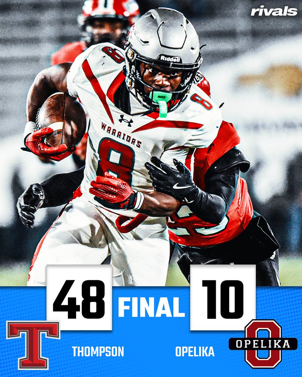 RivalsHS's tweet image. 🏆CHAMPS🏆 Thompson (AL) beats Opelika 48-10 to win the AHSAA Class 7A state title

Recap: on3.com/high-school/ne…