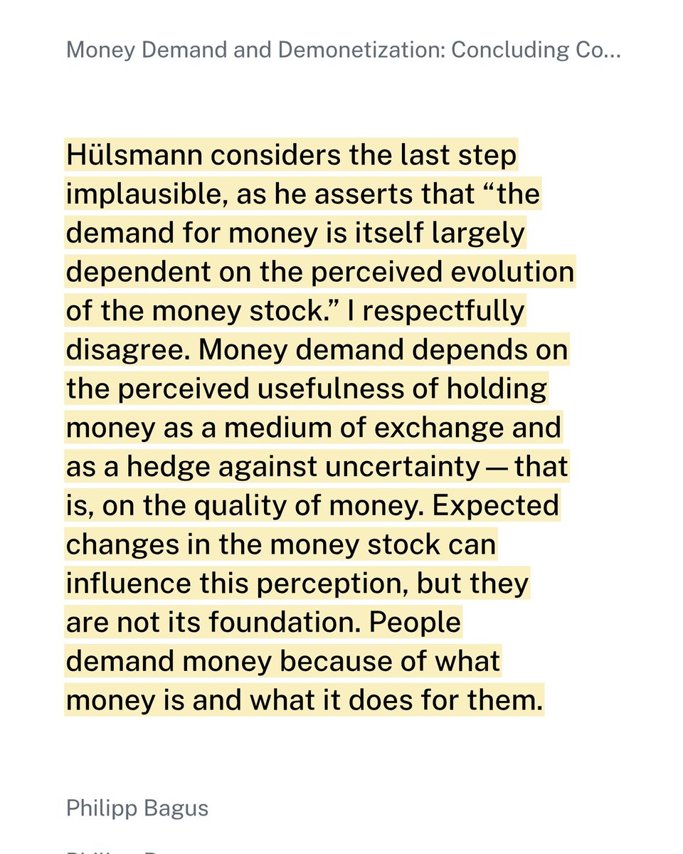 AaronSepulvedaC's tweet photo. Highly recommend article by Bagus

"#MoneyDemand depends on the perceived usefulness of holding money as a MoE &amp; as a hedge against uncertainty—that is, on the quality of money." https://t.co/aQIjHaMkB0