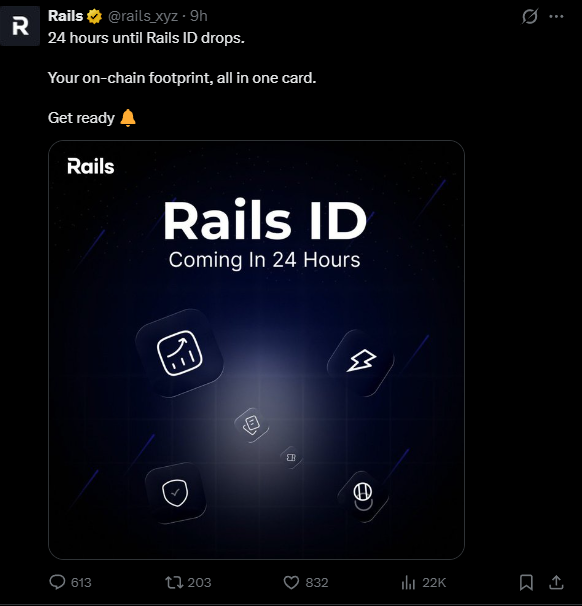 kazin_yt's tweet photo. 12 hours until the @rails_xyz  ID launch.

We'll have news soon; I believe we'll have advantages for having this card...

We can expect a boost in PerpeDex and @cookiedotfun   content creation. Stay tuned! https://t.co/3hNQRkvYX3